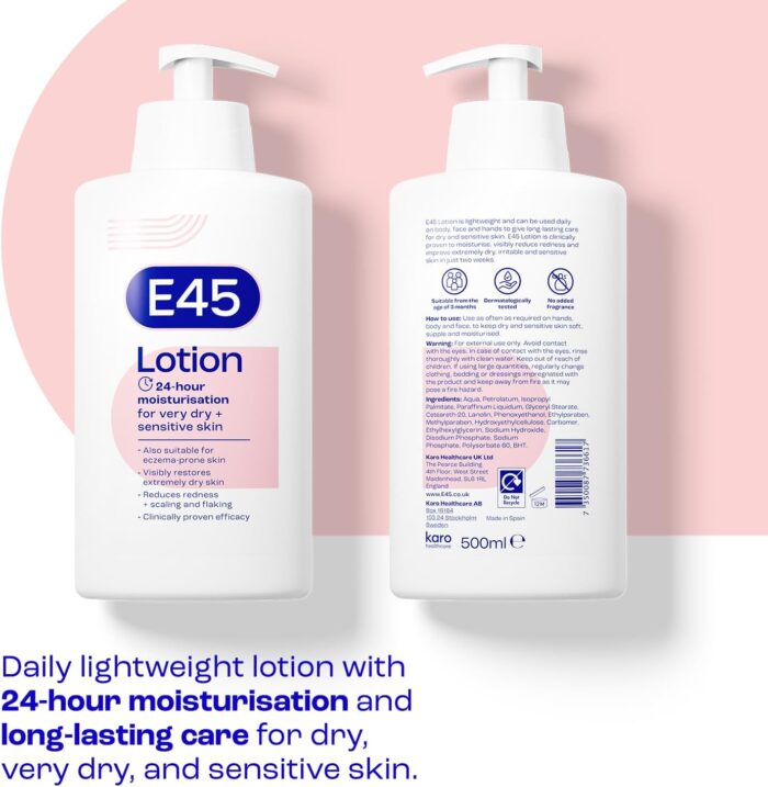 E45 Cream 500 g – E45 Cream for Dry, Irritated Skin  Moisturiser to Soothe Dry & Sensitive Skin – Dermatologically Tested Eczema Dermatitis Cream  Non-Greasy Body Face Hand Cream  Clinically Proven